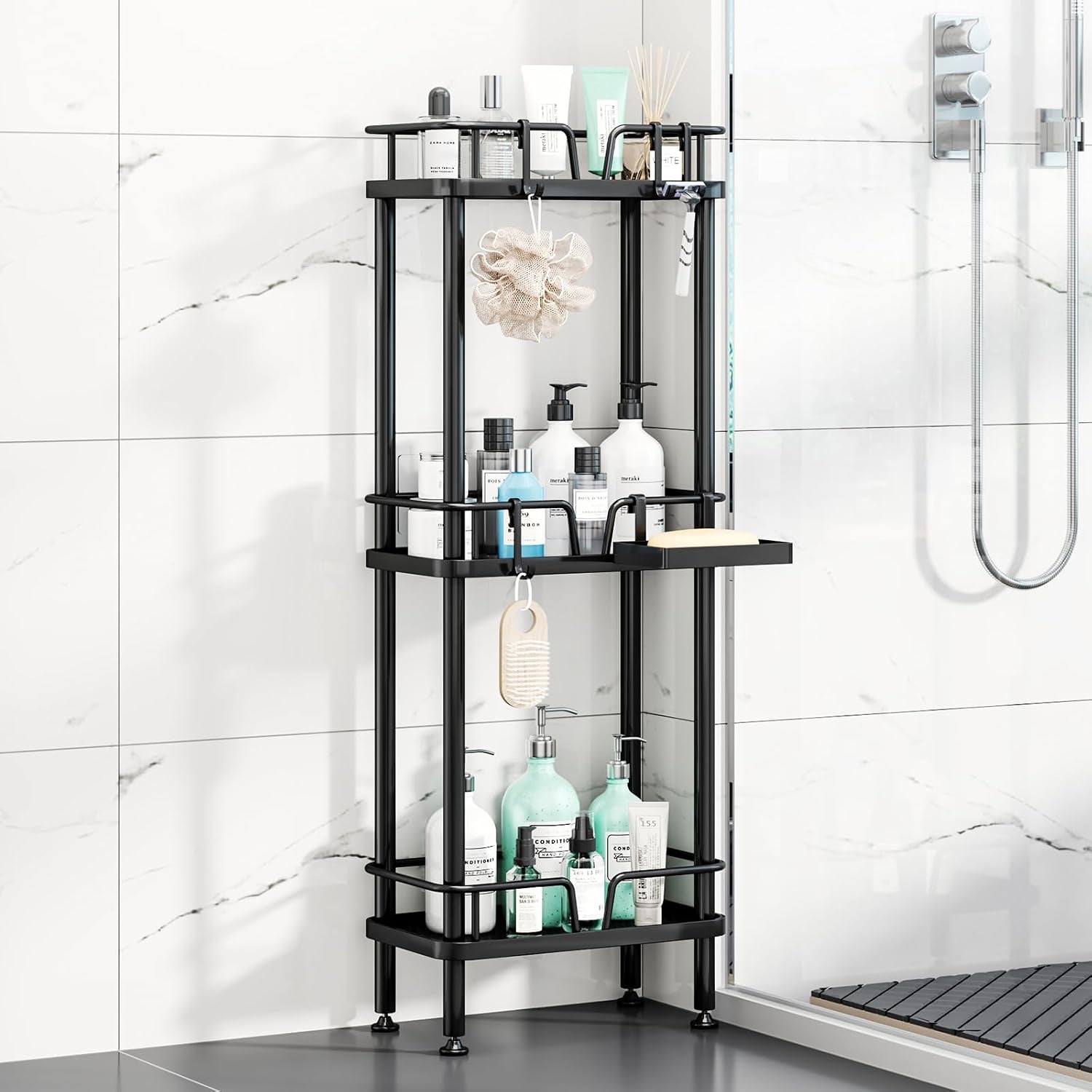 standing-corner-shower-caddy-3-tier-corner-shower-organizer-with-soap-holder-rustproof-stainless-steel-bathroom-shelf-with-4-hooks-black