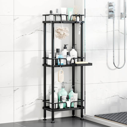 Standing Corner Shower Caddy - 3 Tier Corner Shower Organizer with Soap Holder, Rustproof Stainless Steel Bathroom Shelf with 4 Hooks, Black1