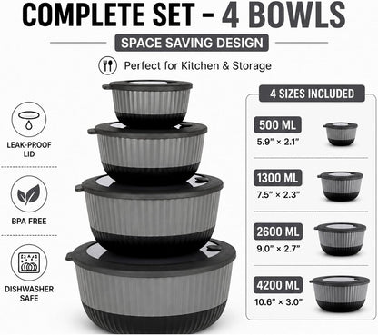Dora Plastic Mixing Bowls with Lids, 8-Piece Airtight Leak-Proof Nesting Bpa-Free Prep Bowl Set for Kitchen & Food Storage, Large 4200Ml Capacity, Microwave & Dishwasher Safe(Black)5
