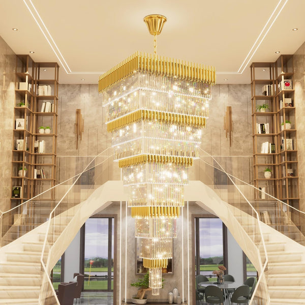 W40 X H120 Large Gold Chandeliers for High Ceiling, 39-Light Square Tiered K9 Crystal Raindrop Chandelier, Adjustable Height Luxury Pendant Light for Staircase, Villa Foyer, Entryway3