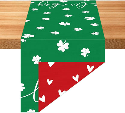 St. Patrick'S Day Linen Table Runner Valentine'S Day Table Runner Red Love and Green Lucky Shamrock Tables Decoration for Dinning Kitchen Home Party Decoration Supplies (13 X 72Inch)1