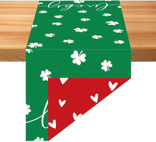 St. Patrick'S Day Linen Table Runner Valentine'S Day Table Runner Red Love and Green Lucky Shamrock Tables Decoration for Dinning Kitchen Home Party Decoration Supplies (13 X 72Inch)1