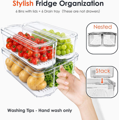6 Pack Clear Fridge Organizer Bins with Drain Trays - Stackable7
