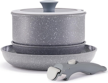 Gray Non Stick Pot and Pan Set with Removable Handle, Ceramic Cookware Set Detachable Handle, 5Pcs Induction Kitchen Camping Stackable Pots Pans, Dishwasher/Oven Safe, PTFE/PFAS/PFOA Free9