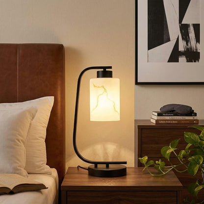 Modern Industrial Table Lamp, Marble Pattern Glass Shade Desk Lamp with C-Shaped Black Metal Base, Bedside Nightstand Lamp for Bedroom, Living Room, Office, E26 Base9
