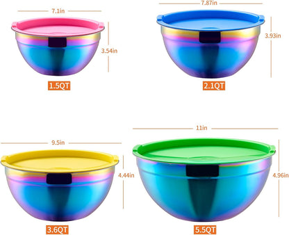 Rainbow Mixing Bowls with Airtight Lids,Stainless Steel Bowl,Salad Bowls 4 Piece Colorful Nesting Bowl Rainbow Kitchen Accessories,Size 5.5,3.6,2.1,1.5 QT Stackable Design2