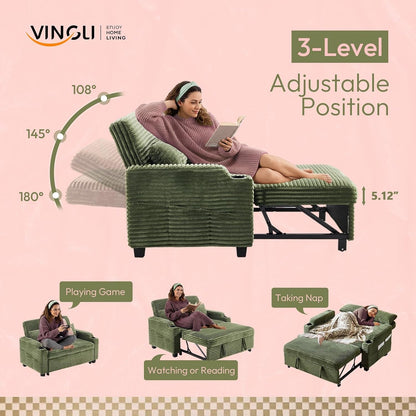 Green Futon Sofa Bed Convertible Loveseat Sleeper Sofa Couch, Corduroy Pullout Sofa Fold Out Couch Bed with USB Ports, Cup Holders, Armrest for Living Room, Bedroom Apartment Room4