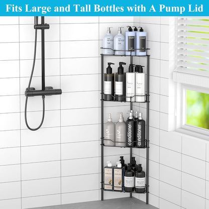 4 Tier Floor Standing Corner Shower Caddy Organizer Shelf with Hooks, Bathroom Shelves Stand Rack, Black4