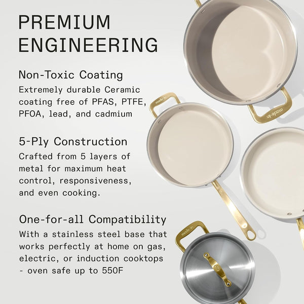 Made in Cookware - 7-Piece Ceramiclad Non Stick Pot and Pan Set (Antique Brass Handle) - 5-Ply Stainless Clad - Professional Cookware - Crafted in Italy - Induction Compatible2