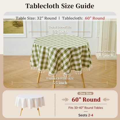 Round Gingham Tablecloth 60Inch, Cotton Linen Style, Green6