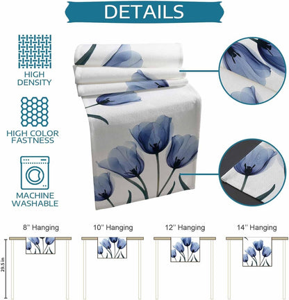 Floral Table Runner-Blue Tulip Cotton Linen-Long 90 Inche Dresser Scarves,Flower Rustic Tablerunner for Kitchen Coffee/Dining Table Bedroom Home Living Room,Summer Spring Holiday Dinner Scarf Decor7