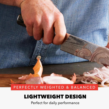 X Bobby Flay 5” & 7” Santoku Knife Set, Premium Stainless Steel Blades, Precision Cutting Kitchen Tools, Ultra-Sharp Cutlery, Hand Finished Ergonomic Wood Handle, Damascus Steel Design5