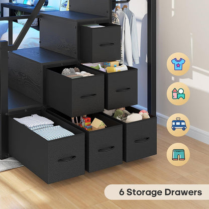 Twin over Full Bunk Bed with Storage Stairs, 8 Drawers, Black5