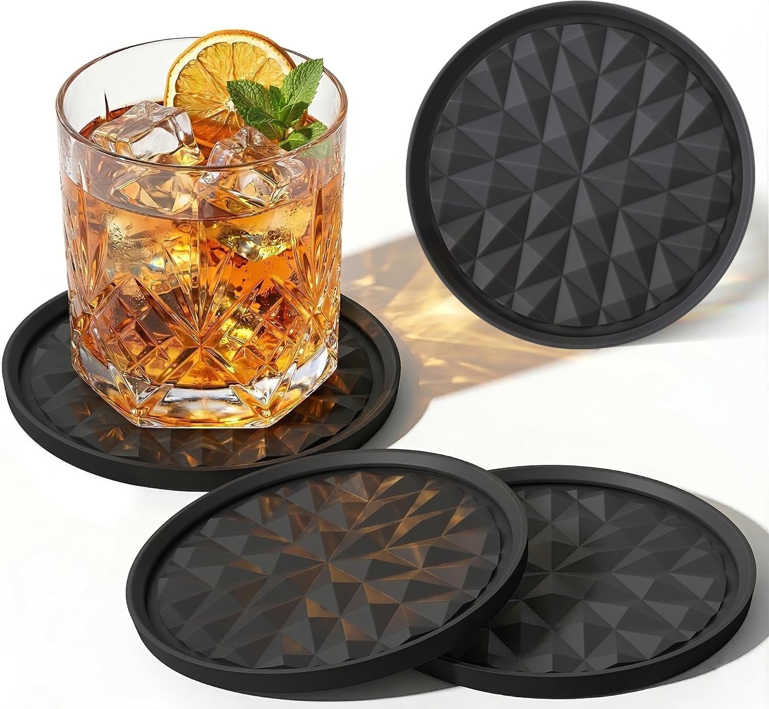 silicone-drink-coasters-set-of-4-coaster-for-desk-prevents-condensation-spills-non-slip-reusable-easy-clean-diamond-pattern-stylish-office-home-decor-gift-idea-black