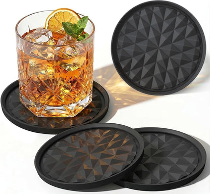 Silicone Drink Coasters Set of 4, Coaster for Desk | Prevents Condensation&Spills, Non-Slip, Reusable&Easy Clean, Diamond Pattern, Stylish Office&Home Decor, Gift Idea, Black1