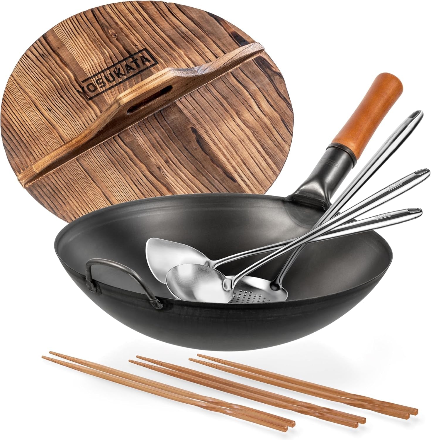 carbon-steel-wok-pan-14-in-woks-and-stir-fry-pans-round-bottom-wooden-wok-lid-14-in-17-wok-spatula-and-ladle-skimmer-spoon-wooden-long-cooking-chopsticks-set-of-3-pairs