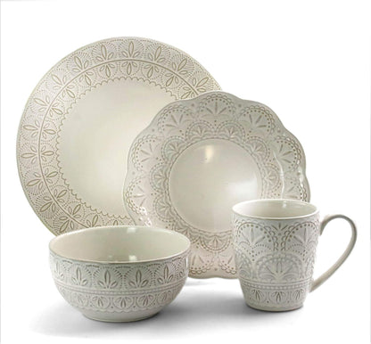 White Lace 16 Piece round Scallop Stoneware Dinnerware Set in White2