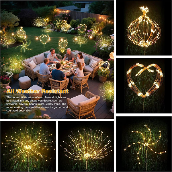 Solar Garden Firework Lights Outdoor Waterproof, 4 Pack Solar Lighting with 8 Lighting Modes, 120 LED Sparklers String Lights for outside Decor Yard Pathway Decorations(Warm)5