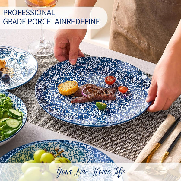 Porcelain Dinnerware Sets Service for 4, 12 Pcs Hand Drawn Plates and Bowls Sets, Handmade Ceramic Dish Set, Chip Resistant Modern Plate Set, Dishwasher/Microwave Safe，Vintage Blue3