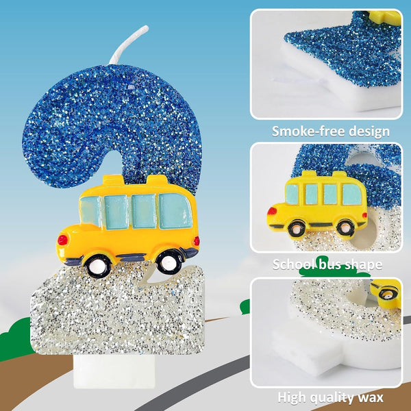 2St Birthday Number Candles for School Bus Blue and Silver Birthday Decorations for Boys for Cakes, Parties, Anniversary Celebrations, Bakery Decorations (Number-02)3