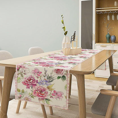 Pink Flower Linen Table Runner,Seasonal Spring Tabletop Collection Table Runner for Kitchen Dining, Banquet, Restaurant, Outdoor Use,Home Party 13X36In2