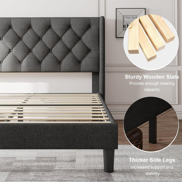 Queen Size Bed Frame with Diamond Tufted Wingback Headboard, Morden Upholstered Platform Bed, Sturdy Wooden Slats Support, Noise-Free, No Box Spring Needed, Easy Assembly, Dark Gray6