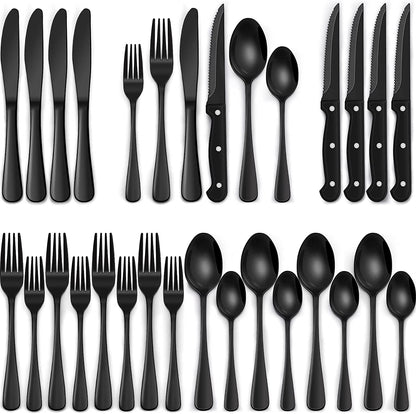 24-Piece Black Silverware Set with Steak Knives, Black Flatware Set for 4, Food-Grade Stainless Steel Tableware Cutlery Set, Mirror Finished Utensil Sets for Home Restaurant, round Edge1