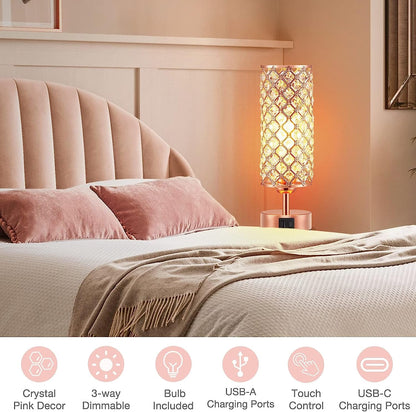 Pink Crystal Table Lamp, 3 Way Dimmable Touch Lamps for Night Stands7