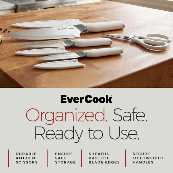 7-Piece Knife Set - Chef, Utility, Paring, Scissors & 3 Sheaths | Stainless Steel Cutlery, White Handles, Matte Finish, Hollow-Ground Blades, Electroplated ABS Bolsters, Comfortable Grip5
