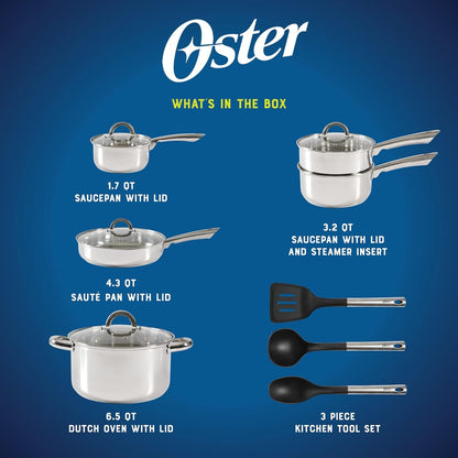Oster Sangerfield 12-Piece Stainless Steel Cookware Set with Kitchen Tools, Non-Stick Pots and Pans, Durable Oven Safe Cookware for Home Cooking2