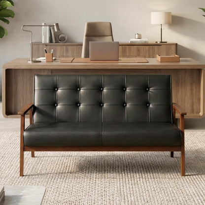 50" W Solid Wood Loveseat Sofa, Upholstered Faux Leather Couch3