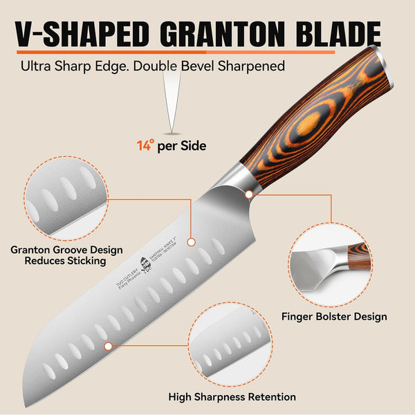 Santoku Knife, 7 Inch Japanese Chef Knife for Vegetable Chopping & Meat Dicing, High Carbon German Steel, Ergonomic Handle - Fiery Phoenix Series7