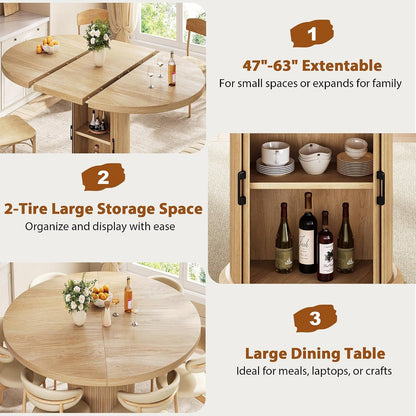 47″–63″ Extendable round Kitchen Dining Room Table for 4-6 with 2-Tier Storage Shelf Dust-Proof, Space Saving Expandable Wood Oval Circle Dinner Furniture with Pedestal Base (Natural Oka)5