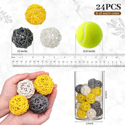 24PCS Yellow Decorative Balls for Bowl Centerpiece, 2 Inch Rattan | Bowl Fillers, Wicker Twig Orbs Spheres for Yellow, Kitchen Home Decor Vase Table Scatters2