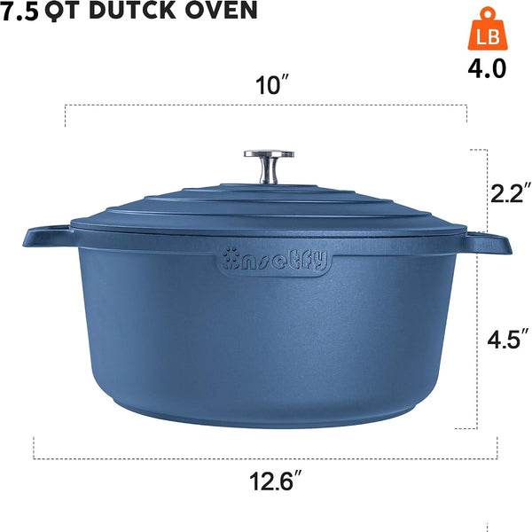 Large Dutch Oven Pot with Lid-7.5Qt Cast Aluminum Oven Pot with Two Handles Lightweight for Bread Baking Braising and Roasting(Blue)2