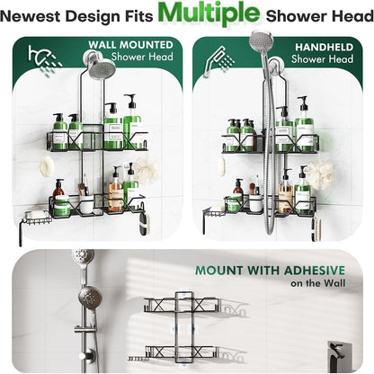 Stainless Steel Hanging Shower Caddy for Handheld Shower Heads,Adjustable Height Extra Long Bathroom Shower Organizer Hanger Rack with Hooks,Soap Holder5