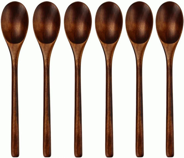 9 in Wooden Spoons for Eating, 6Pcs Japanese Natural Soup Spoons | Wooden Spoon for Cooking Mixing Stirring Honey Tea Soda Dessert,Coconut Bowl,Korean Wooden Spoons1