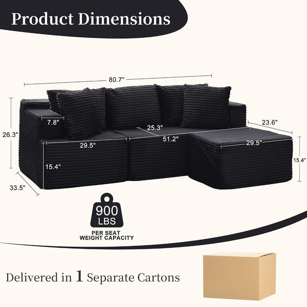 Cloud Modular Sectional Sofa with L-Shaped, Boneless Couches for Living Room, Fluffy Comfy Corduroy Deep Seat with Ottoman, Bedroom, Apartment, No Assembly Required2