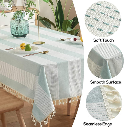 Stitching Tassel Tablecloth Striped Table Cloth Rectangle Cotton Linen Dust-Proof Table Cover for Kitchen Dinning 54 X 70 Inch Teal2