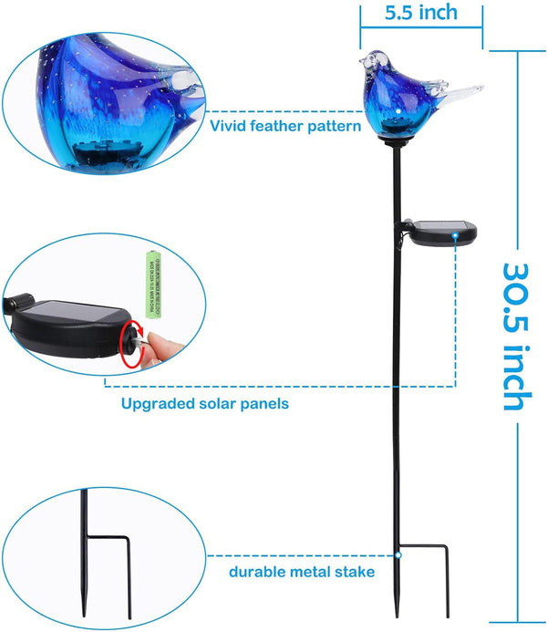 Outdoor Solar Garden Lights, Hand Blown Glass Blue Bird Yard Stake2