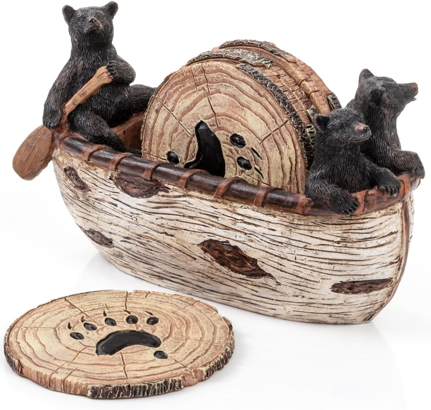 bear-coasters-set-of-6-full-size-rustic-coasters-in-handmade-canoe-with-adorable-black-bear-figurines-log-cabin-decorations-rustic-lodge-decor-for-the-home