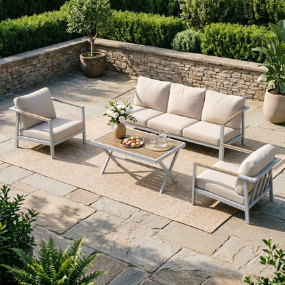 Aluminum Patio Sectional Furniture Set,4 Piece Patio Conversation Sets Outdoor Patio Furniture Set Sofa with Coffee Table & Washable Cushions White1