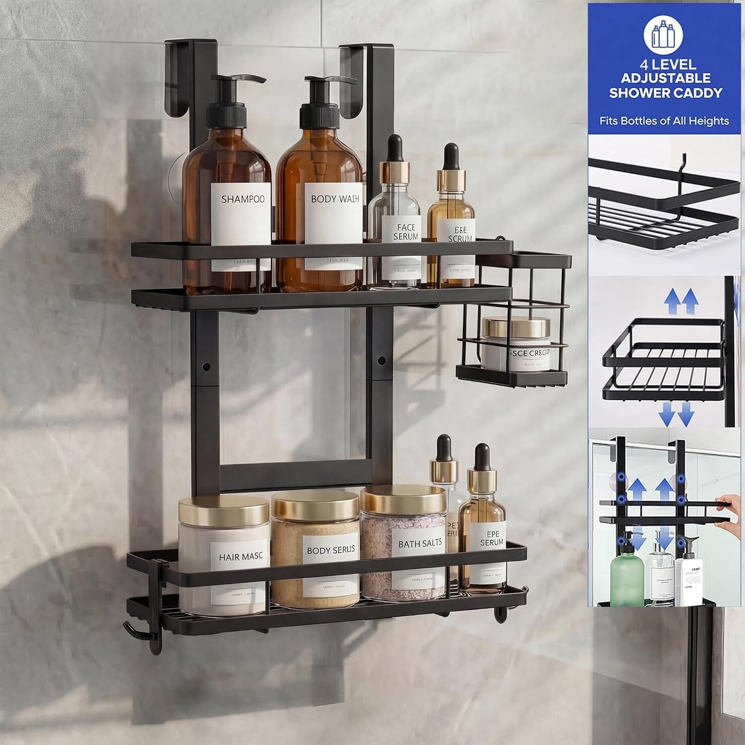 over-the-door-shower-caddy-hanging-rustproof-shower-shelves-with-waterproof-phone-pouch-2-tier-adjustable-bathroom-organizers-and-storage-no-drilling-shower-shelf-black-shampoo-soap-holder