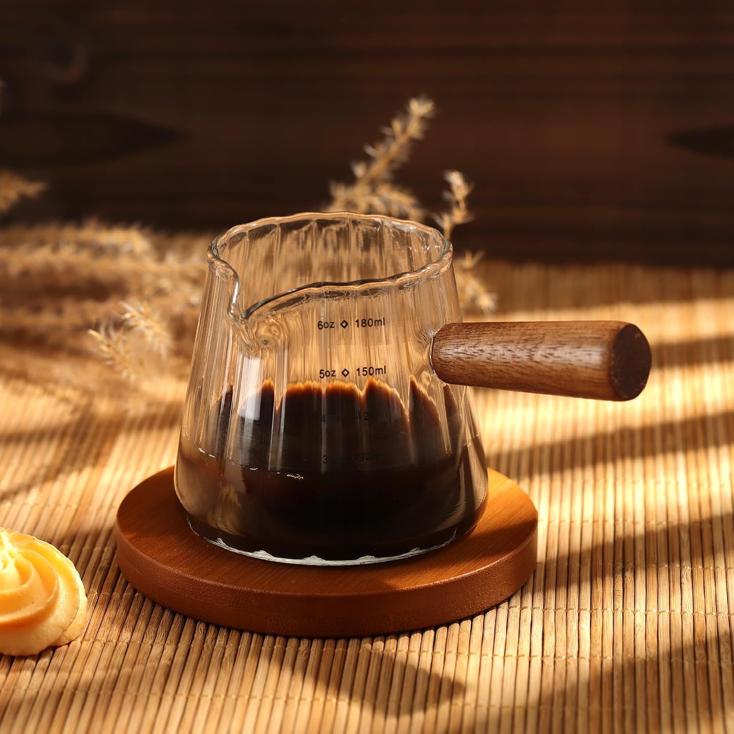 6-oz-glass-measuring-cups-with-spout-borosilicate-glass-triple-pitcher-with-scale-origami-style-espresso-shot-glasses-with-wood-handle-for-coffee-milk-dishwasher-safe