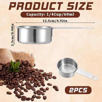 2 Pcs 1/4 Cup Stainless Steel Measuring Cup, 60 Ml 2 Oz Stainless Steel Measuring Cups Metal Coffee Scoop Cat Food Scoops for Wet and Dry Ingredients Cooking Baking Kitchen, Dishwasher Safe2