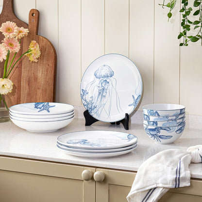 Minh Long 12-PCS Porcelain Coastal Dinnerware Set, Plates, Bowls, Service for 4, Chip & Scratch Resistant, Oven Safe up to 482°F, Non Toxic, Lead & Cadmium Free, Stackable, Dishwasher & Microwave Safe7