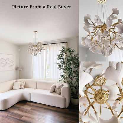 23.6'' Gold and White Ceramic Ginkgo Leaf Chandeliers, Modern Tree Branches Chandeliers, Dining Room Chandelier over Table, round Chandelier for Living Room,Foyer, Kitchen, Bathroom, Bedroom6