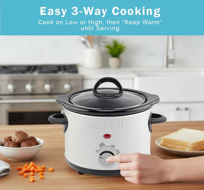 Slow Cooker Mini, Electric round Ceramic Pot, Adjustable Temp, Entrees, Sauces, Stews & Dips, Cool Touch Handles, Dishwasher Safe Glass Lid 1.5 Quart White Crock3