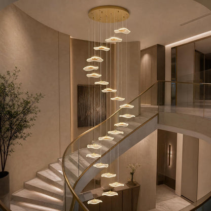 High Ceiling Chandelier - 24-Light Dimmable Modern Gold Long Spiral Luxury Linear Lotus Leaf Led Lamp Hanging Pendant Lights for Foyer Enterway Staircase Villas3