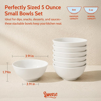 5 Oz Small Ceramic Bowls Set of 6, 3.9 Inch Snack Bowls for Yogurt, Ice Cream, Dips, Dessert & Sauce, Stackable Mini Serving Bowls for Kitchen, White3